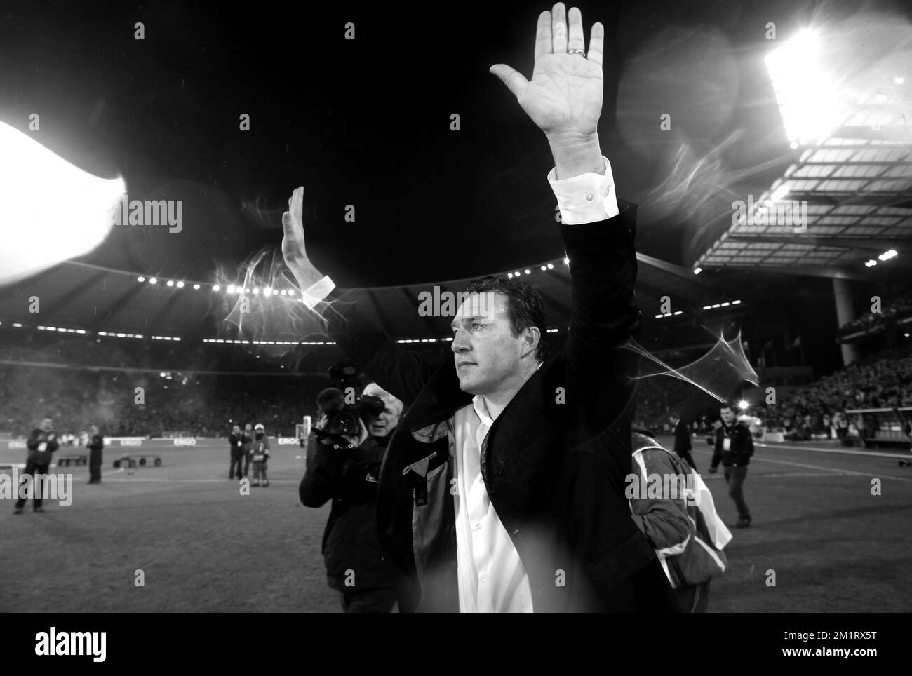 Belgium's head coach Marc Wilmots celebrates after a soccer game between Belgian national team The Red Devils and the Wales national team at the Koning Boudewijn Stadion - Stade Roi Baudouin in Brussels, Tuesday 15 October 2013, the last qualification game for the 2014 FIFA World Cup. The Red Devils are qualified for the 2014 FIFA World Cup in Brazil as group leader.   Stock Photo