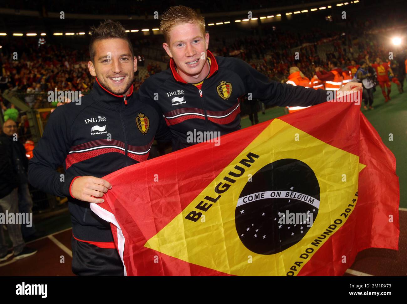 Belgium's Dries Mertens and Belgium's Kevin De Bruyne celebrate after a soccer game between Belgian national team The Red Devils and the Wales national team at the Koning Boudewijn Stadion - Stade Roi Baudouin in Brussels, Tuesday 15 October 2013, the last qualification game for the 2014 FIFA World Cup. The Red Devils are qualified for the 2014 FIFA World Cup in Brazil as group leader.   Stock Photo