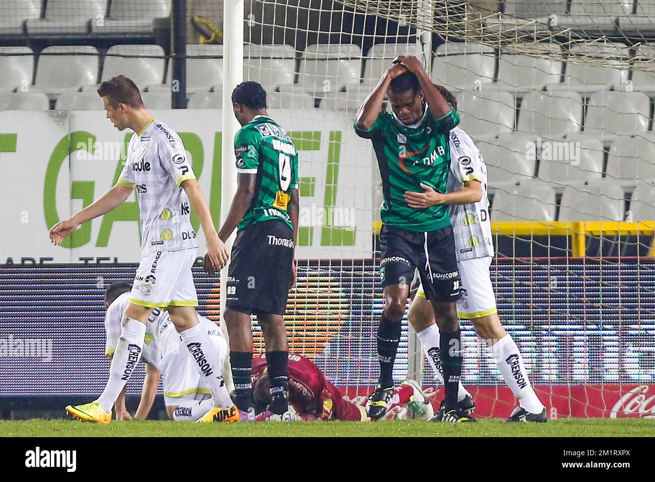 20131019 - BRUGGE, BELGIUM: Cercle's Michael Uchebo reacts during the Jupiler Pro League match between Cercle Brugge and Zulte Waregem, in Brugge, Saturday 19 October 2013, on day 11 of the Belgian soccer championship. BELGA PHOTO BRUNO FAHY Stock Photo