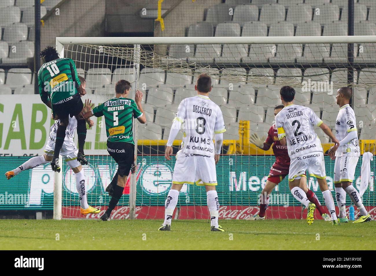 20131019 - BRUGGE, BELGIUM: Cercle's Michael Uchebo scores a goal during the Jupiler Pro League match between Cercle Brugge and Zulte Waregem, in Brugge, Saturday 19 October 2013, on day 11 of the Belgian soccer championship. BELGA PHOTO BRUNO FAHY Stock Photo