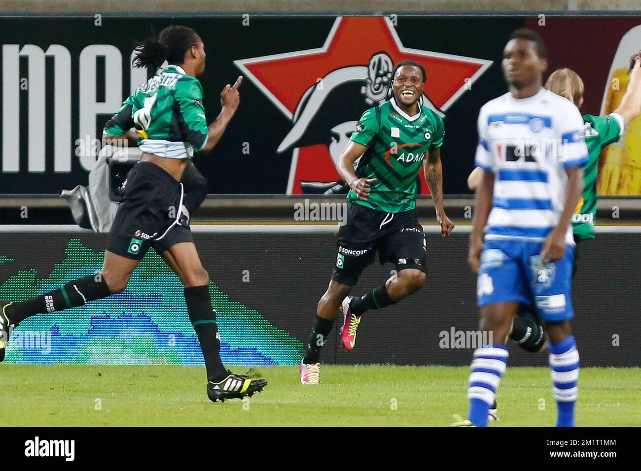 20131025 - GENT, BELGIUM: Cercle's Michael Uchebo celebrates after scoring during the Jupiler Pro League match between KAA Gent and Cercle Brugge, in Gent, Friday 25 October 2013, on day 12 of the Belgian soccer championship. BELGA PHOTO BRUNO FAHY Stock Photo