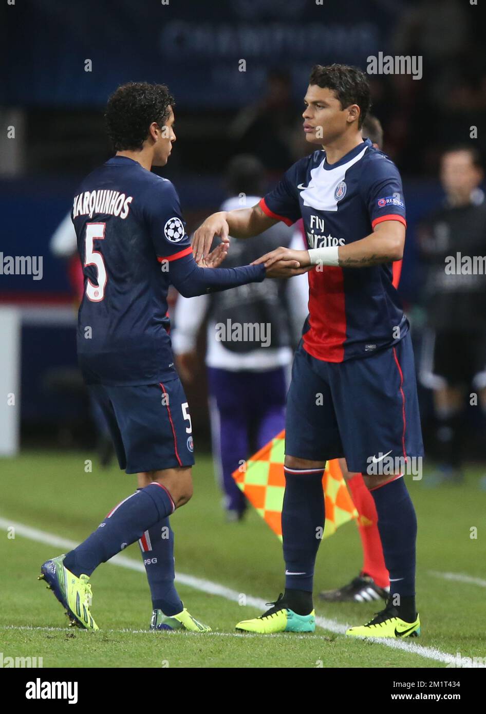 20131105 - PARIS, FRANCE: PSG's Marquinhos and PSG's Thiago Silva pictured during the match between French team PSG (Paris Saint-Germain) and Belgian RSC Anderlecht, fourth match of the Champions League Group stage in group C, Tuesday 05 November 2013, in the Parc des Princes in Saint-Cloud, Paris. BELGA PHOTO VIRGINIE LEFOUR Stock Photo