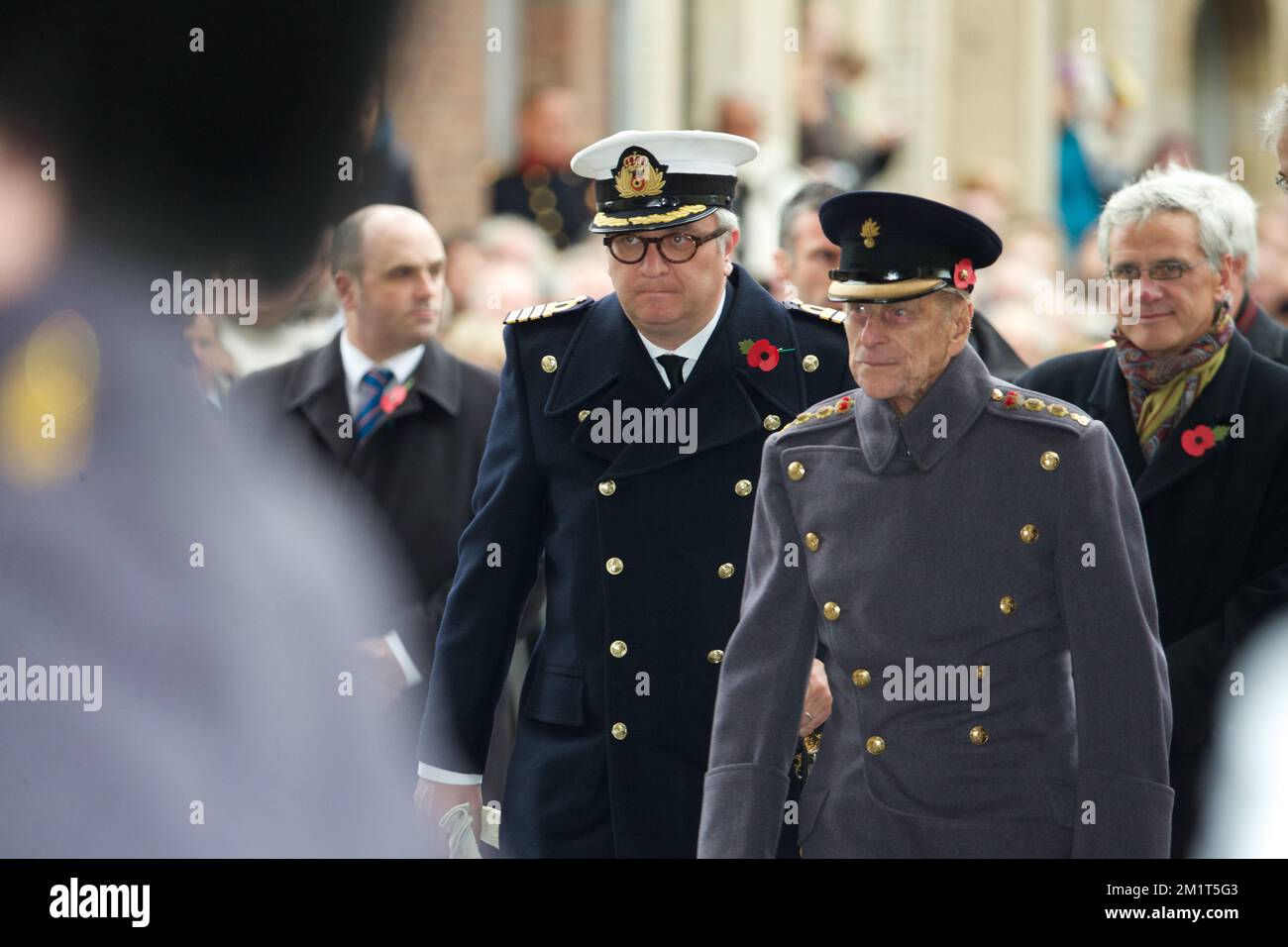 20131111 - IEPER, BELGIUM: Prince Laurent of Belgium and Prince Philip, Duke of Edinburgh pictured during the Last Post ceremony, a commemoration of World War I (1914-1918), commonly known as Remembrance Day, at the Menenport, in Ieper (Ypres), Monday 11 November 2013. Ahead of the centenary of the start of the WWI, 70 bags of sacred soil from the battlefield and cemeteries in the area will be delivered to a delegation of the prestigious Guards Regiment on the way to London for the Flanders Field Memorial Garden to the memory of British soldiers who fell during WWI. The ceasefire went into eff Stock Photo