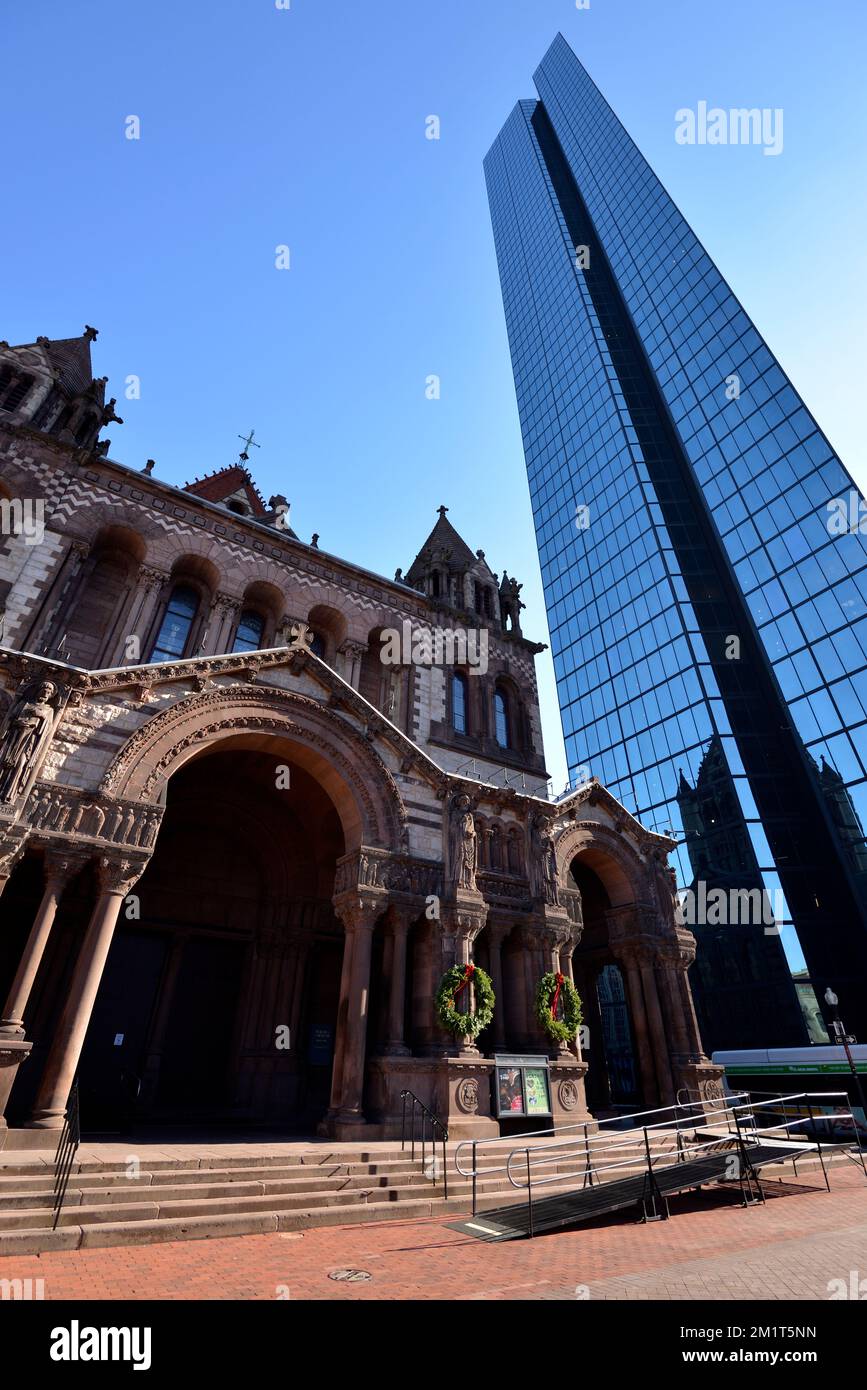 Trinity Church of Boston and 200 Clarendon, John Hancock Tower, Copley Square, Boston, Massachusetts, USA Stock Photo