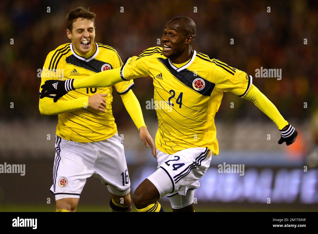 Colombia's Victor Ibarbo celebrates after scoring the 0-2 goal during a friendly soccer game between the Belgian national soccer team Red Devils and Colombia, at the Koning Boudewijn Stadion - Stade Roi Baudouin in Brussels, on Thursday 14 November 2013. BELGA PHOTO YORICK JANSENS Stock Photo