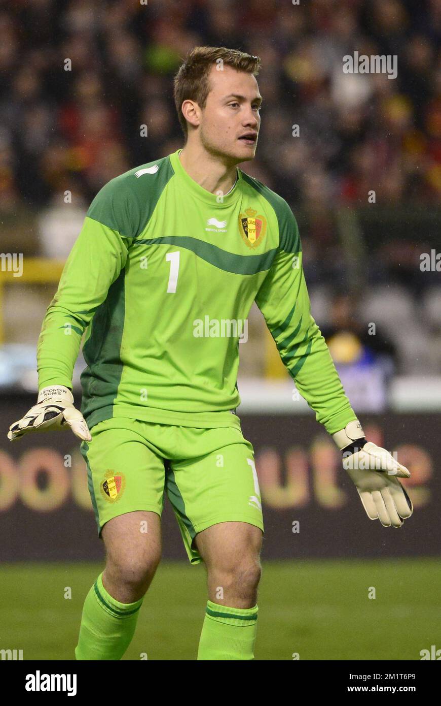 Belgium's goalkeeper Simon Mignolet reacts during a friendly soccer game between the Belgian national soccer team Red Devils and Colombia, at the Koning Boudewijn Stadion - Stade Roi Baudouin in Brussels, on Thursday 14 November 2013. BELGA PHOTO DIRK WAEM Stock Photo