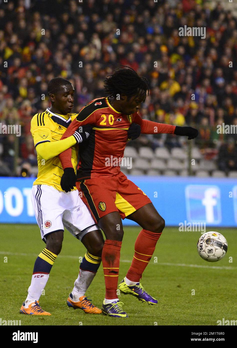 Colombia's Cristian Zapata and Belgium's Romelu Lukaku pictured during a friendly soccer game between the Belgian national soccer team Red Devils and Colombia, at the Koning Boudewijn Stadion - Stade Roi Baudouin in Brussels, on Thursday 14 November 2013. BELGA PHOTO DIRK WAEM Stock Photo
