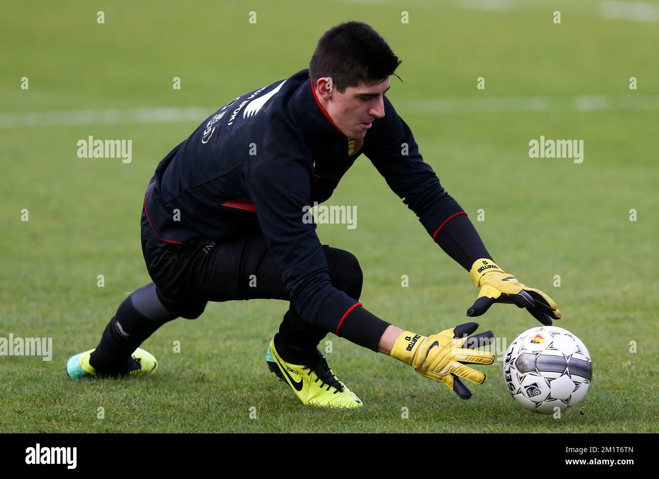 20131115 - BRUSSELS, BELGIUM: Belgium's goalkeeper Thibaut Courtois pictured during a training session of Belgian national soccer team Red Devils in Brussels, on Friday 15 November 2013. Yesterday they played Colombia and they will play Japan on November 19th in friendly games. BELGA PHOTO VIRGINIE LEFOUR Stock Photo