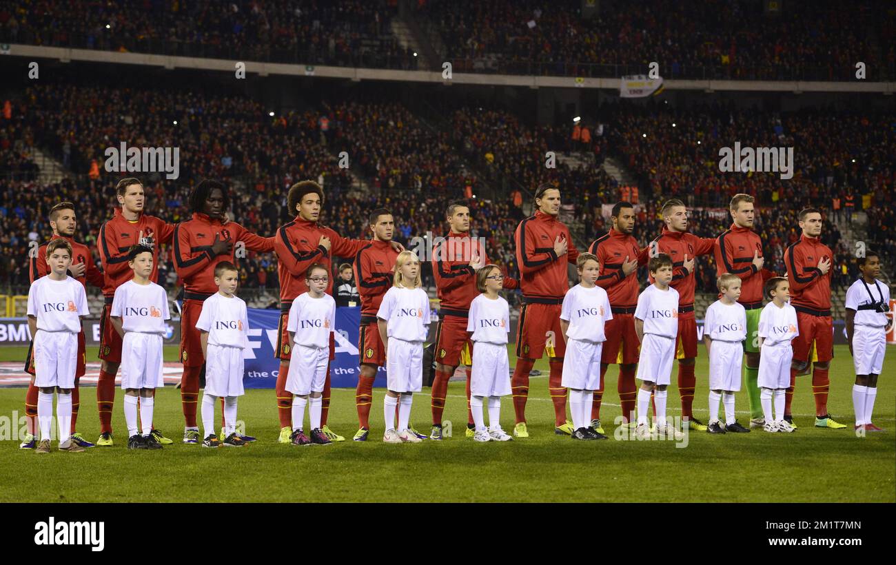 Belgium's players pictured during the national anthem before the