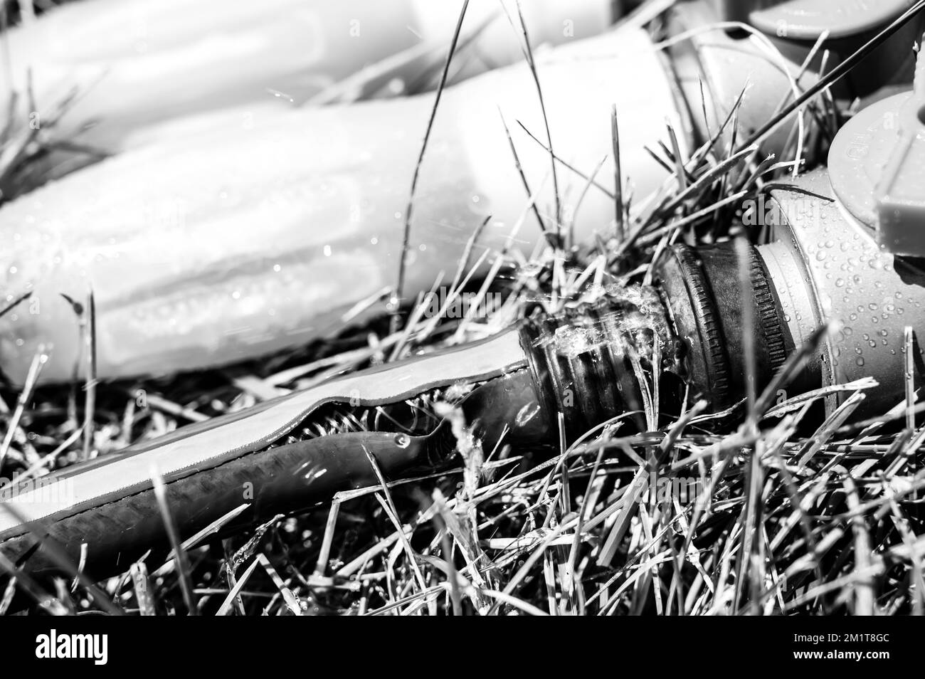 Frayed garden hose with burst section spraying water from the point of