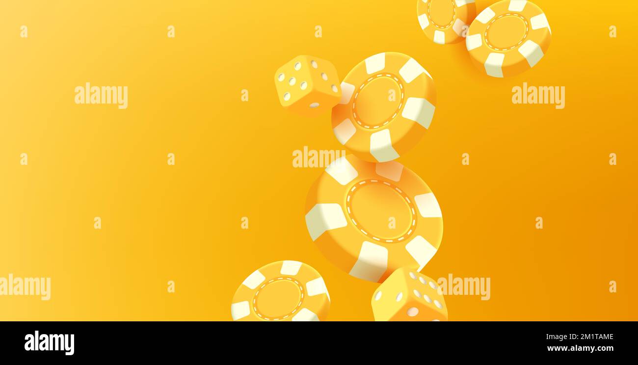 Casino modern monochrome yellow render background with flyinf chips and dice, trendy poster backdrop Stock Vector