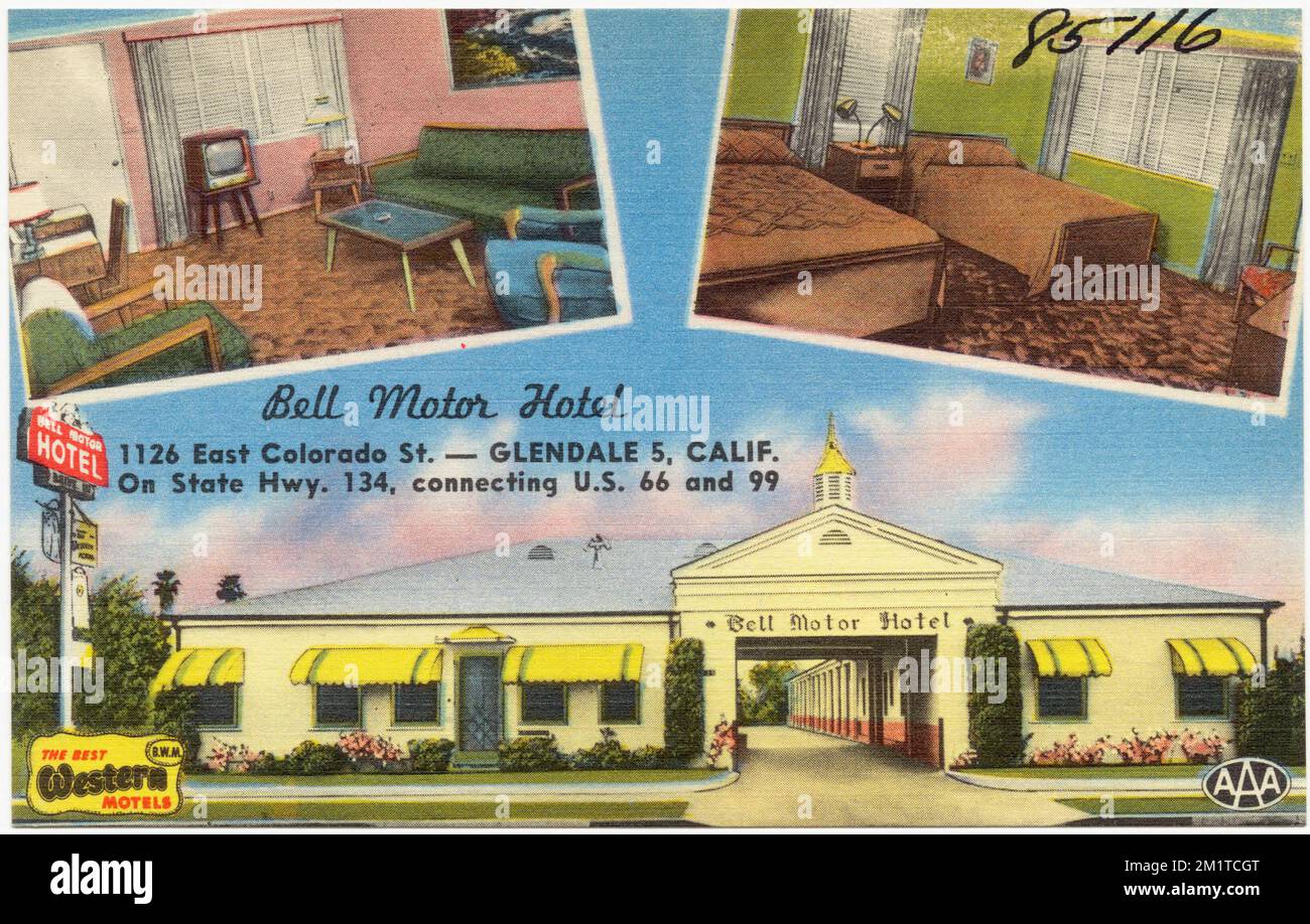 Bell Motor Hotel, 1126 East Colorado St.- Glendale 5, Calif., on State Hwy. 134, connecting U.S. 66 and 99 , Motels, Tichnor Brothers Collection, postcards of the United States Stock Photo