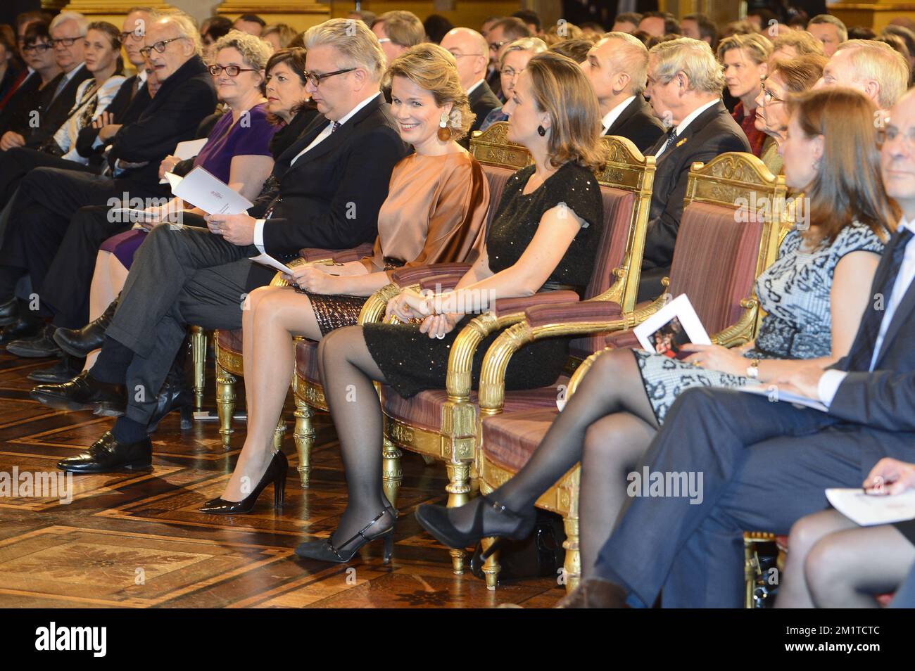 20131211 - BRUSSELS, BELGIUM: Joelle Milquet, Prince Laurent of Belgium, Queen Mathilde of Belgium and Princess Claire of Belgium pictured during the yearly Christmas Concert at the Royal Palace, in Brussels, Wednesday 11 December 2013. BELGA PHOTO LAURIE DIEFFEMBACQ Stock Photo