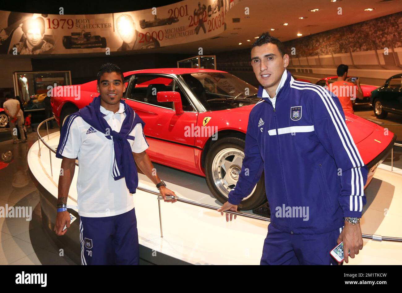 20140111 - ABU DHABI, UNITED ARAB EMIRATES: Anderlecht's Ronald Vargas and Anderlecht's Matias Suarez pictured during a visit to Ferrari World on day six of the winter camp of Belgian first division soccer team RSCA Anderlecht in Abu Dhabi, United Arab Emirates (UAE), Saturday 11 January 2014. BELGA PHOTO VIRGINIE LEFOUR Stock Photo
