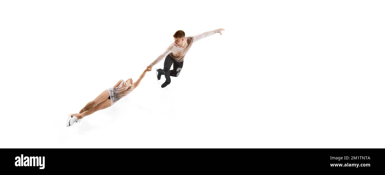 Death spiral. Portrait of young man and woman, figure skating athletes