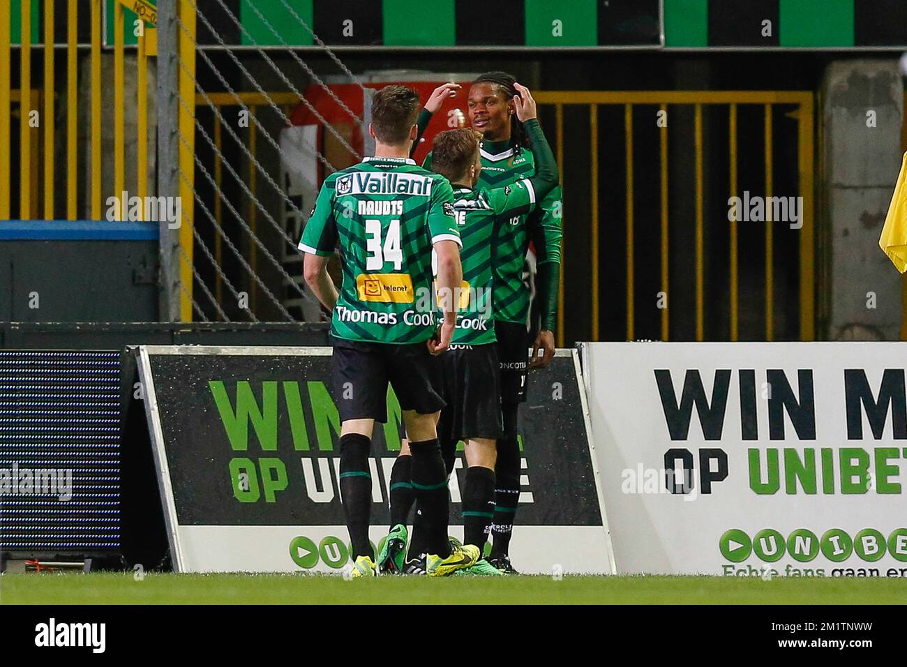 20140125 - BRUGGE, BELGIUM: Cercle's Michael Uchebo celebrates after scoring during the Jupiler Pro League match between Cercle Brugge and Charleroi, in Brugge, Saturday 25 January 2014, on day 23 of the Belgian soccer championship. BELGA PHOTO BRUNO FAHY Stock Photo