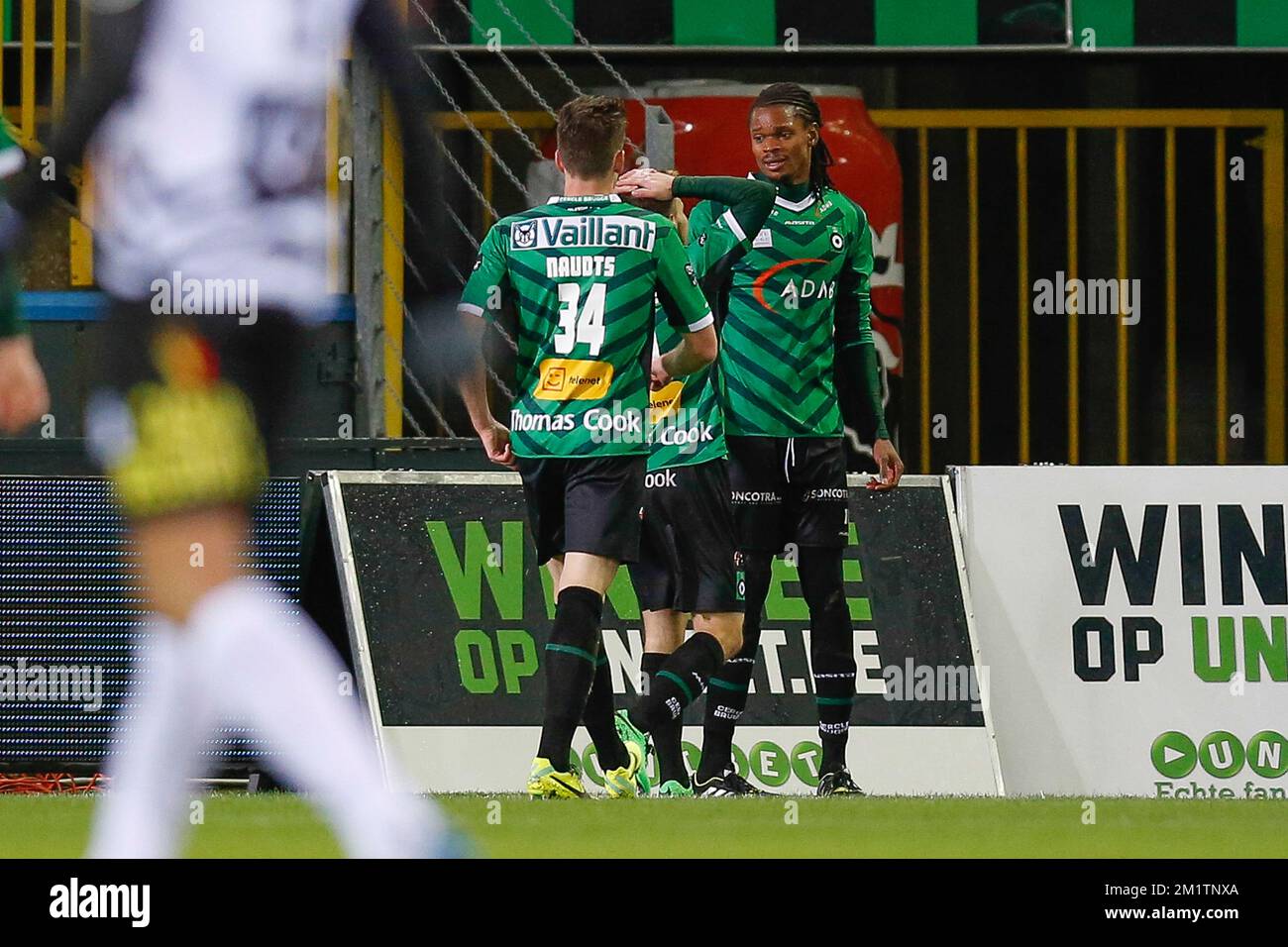 20140125 - BRUGGE, BELGIUM: Cercle's Michael Uchebo celebrates after scoring during the Jupiler Pro League match between Cercle Brugge and Charleroi, in Brugge, Saturday 25 January 2014, on day 23 of the Belgian soccer championship. BELGA PHOTO BRUNO FAHY Stock Photo