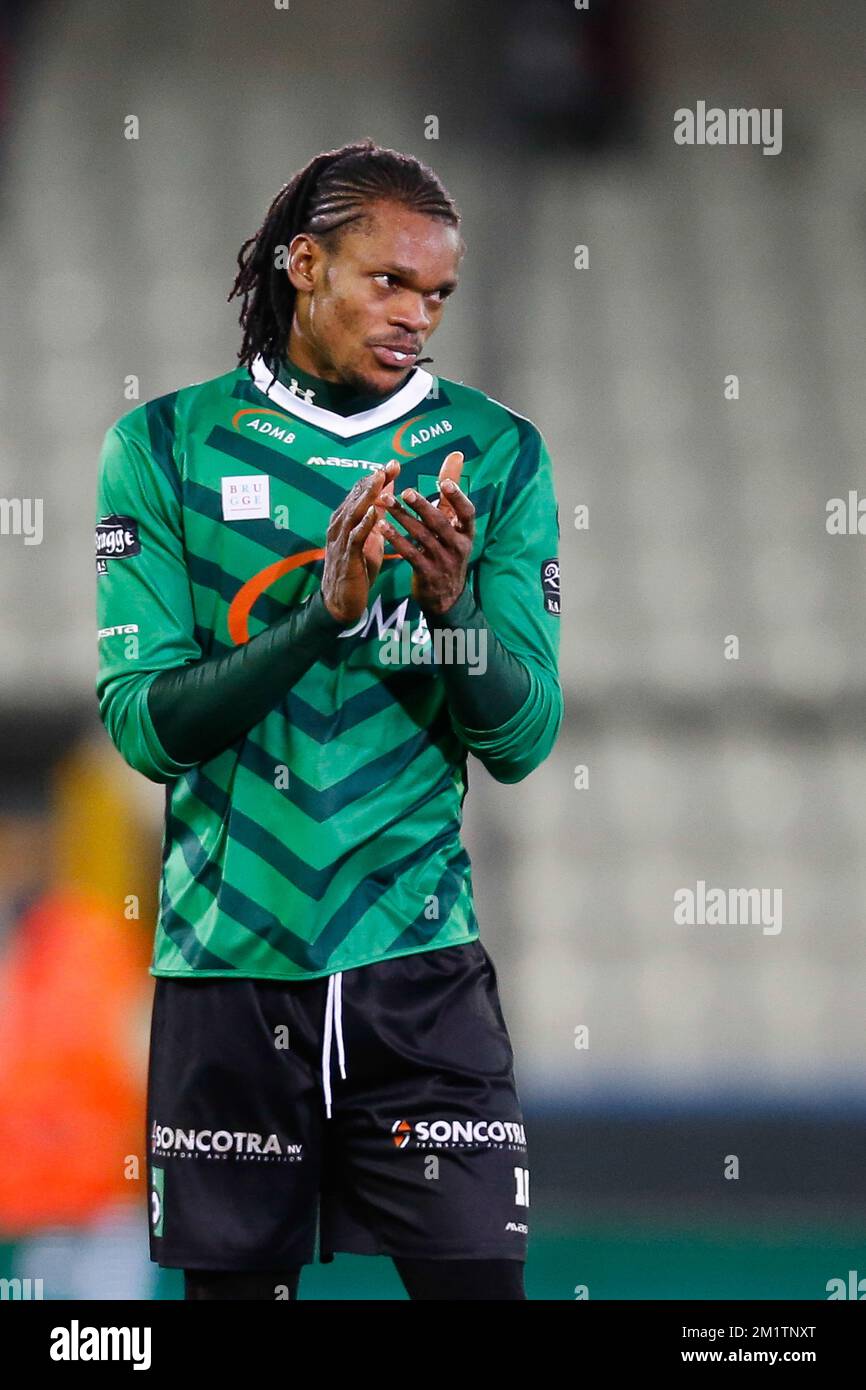 20140125 - BRUGGE, BELGIUM: Cercle's Michael Uchebo celebrates during the Jupiler Pro League match between Cercle Brugge and Charleroi, in Brugge, Saturday 25 January 2014, on day 23 of the Belgian soccer championship. BELGA PHOTO BRUNO FAHY Stock Photo