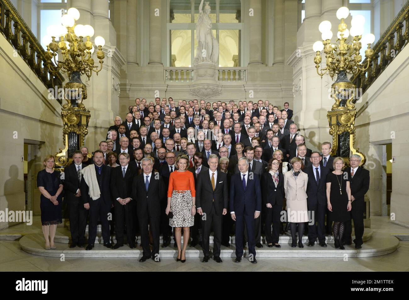 20140205 - BRUSSELS, BELGIUM: The traditional family picture with Queen Mathilde, King Philippe and Foreign Minister Didier Reynders as the Royal couple receive heads of Belgian diplomatic missions abroad, part of the Diplomatic Contact Days 2014, at the Royal Palace in Brussels, Wednesday 05 February 2014. BELGA PHOTO DIRK WAEM Stock Photo