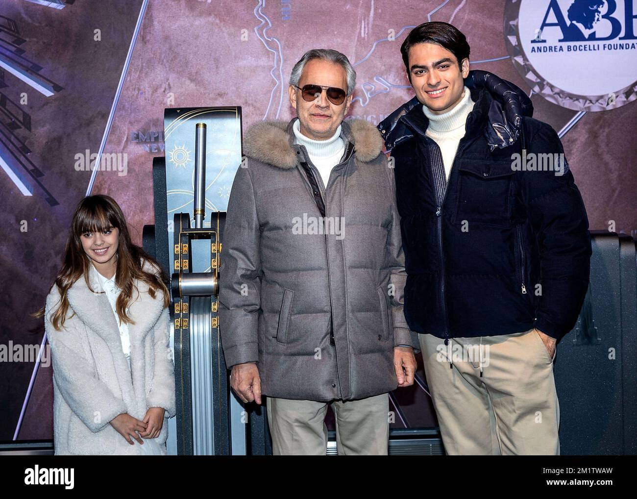 New York, NY, USA. 12 December, 2022. Virginia Bocelli, Andrea Bocelli, Matteo Bocelli at the Celebration of Andrea Bocelli Foundations innovative music education project ABF VOICES OF at The Empire State Building. Credit: Steve Mack/Alamy Stock Photo