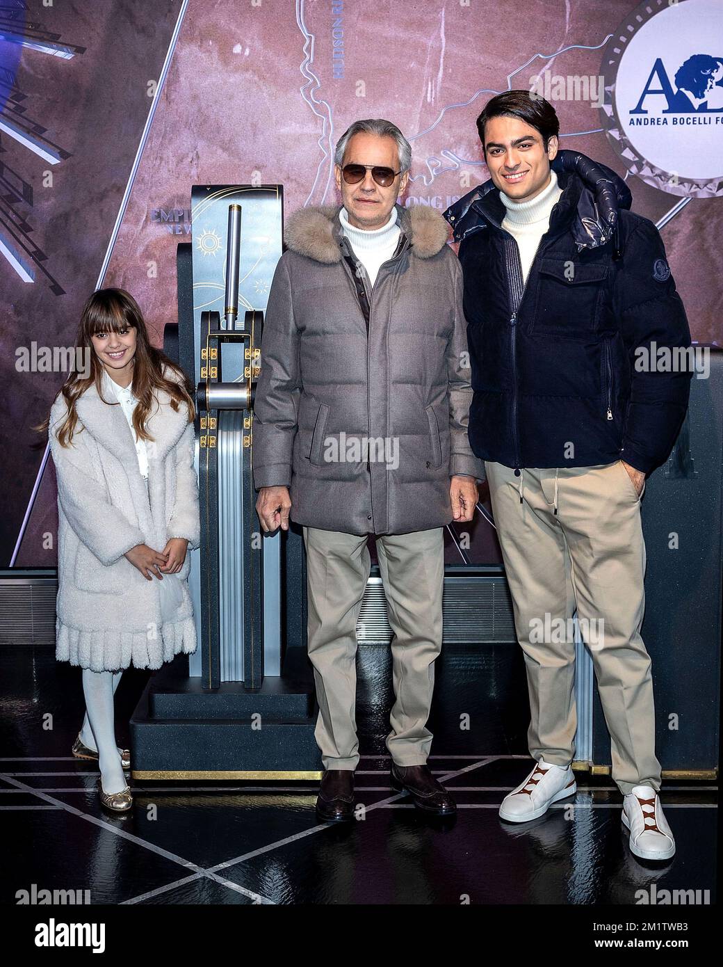 New York, NY, USA. 12 December, 2022. Virginia Bocelli, Andrea Bocelli, Matteo Bocelli at the Celebration of Andrea Bocelli Foundations innovative music education project ABF VOICES OF at The Empire State Building. Credit: Steve Mack/Alamy Stock Photo