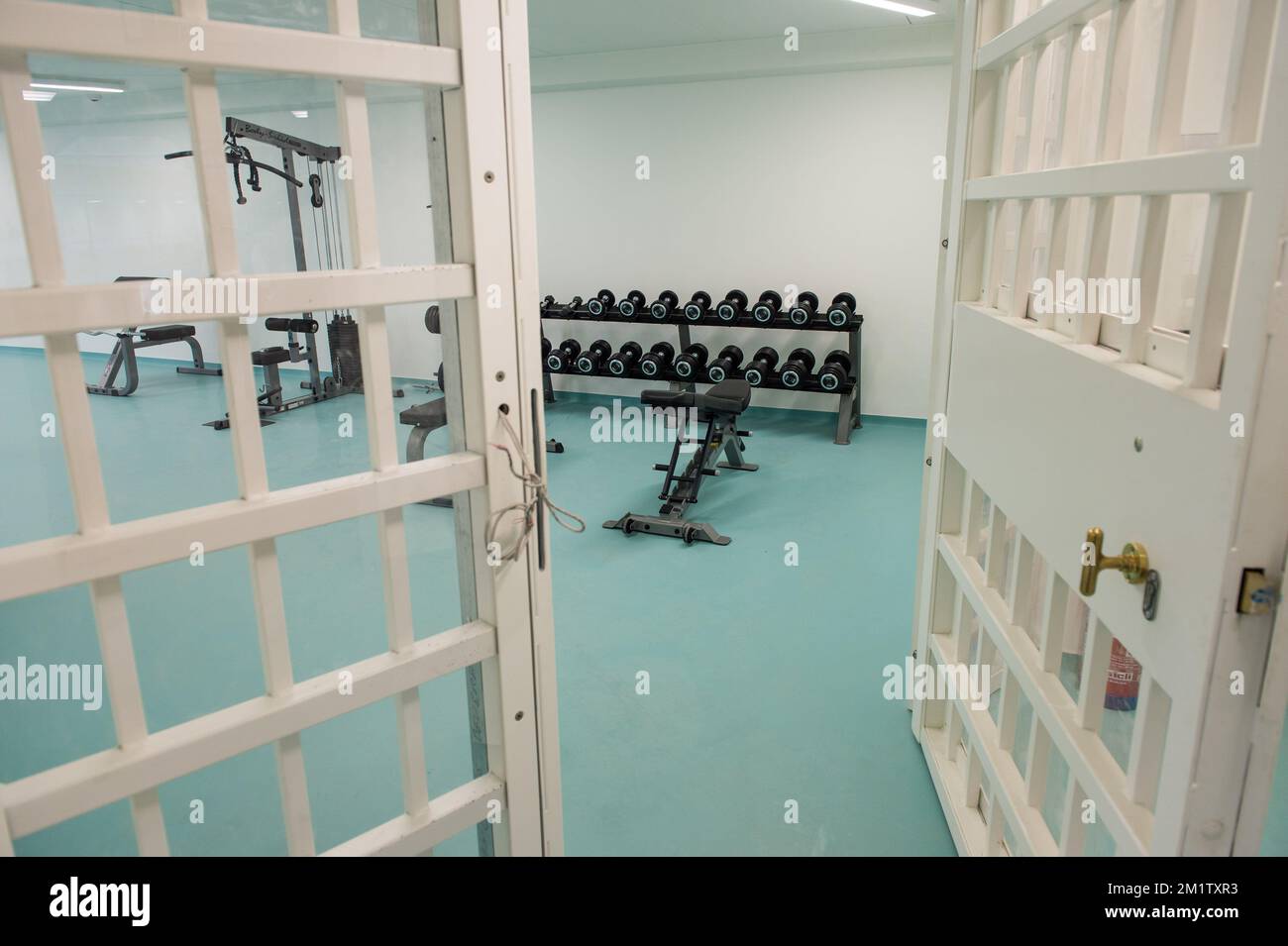 20140214 - BEVEREN-WAAS, BELGIUM: Illustration picture shows a fitness area during the official opening of the new jail in Melsele, Beveren, which is one of the four new prisons planned in Belgium to enlarge the number of cells. BELGA PHOTO JONAS ROOSENS Stock Photo