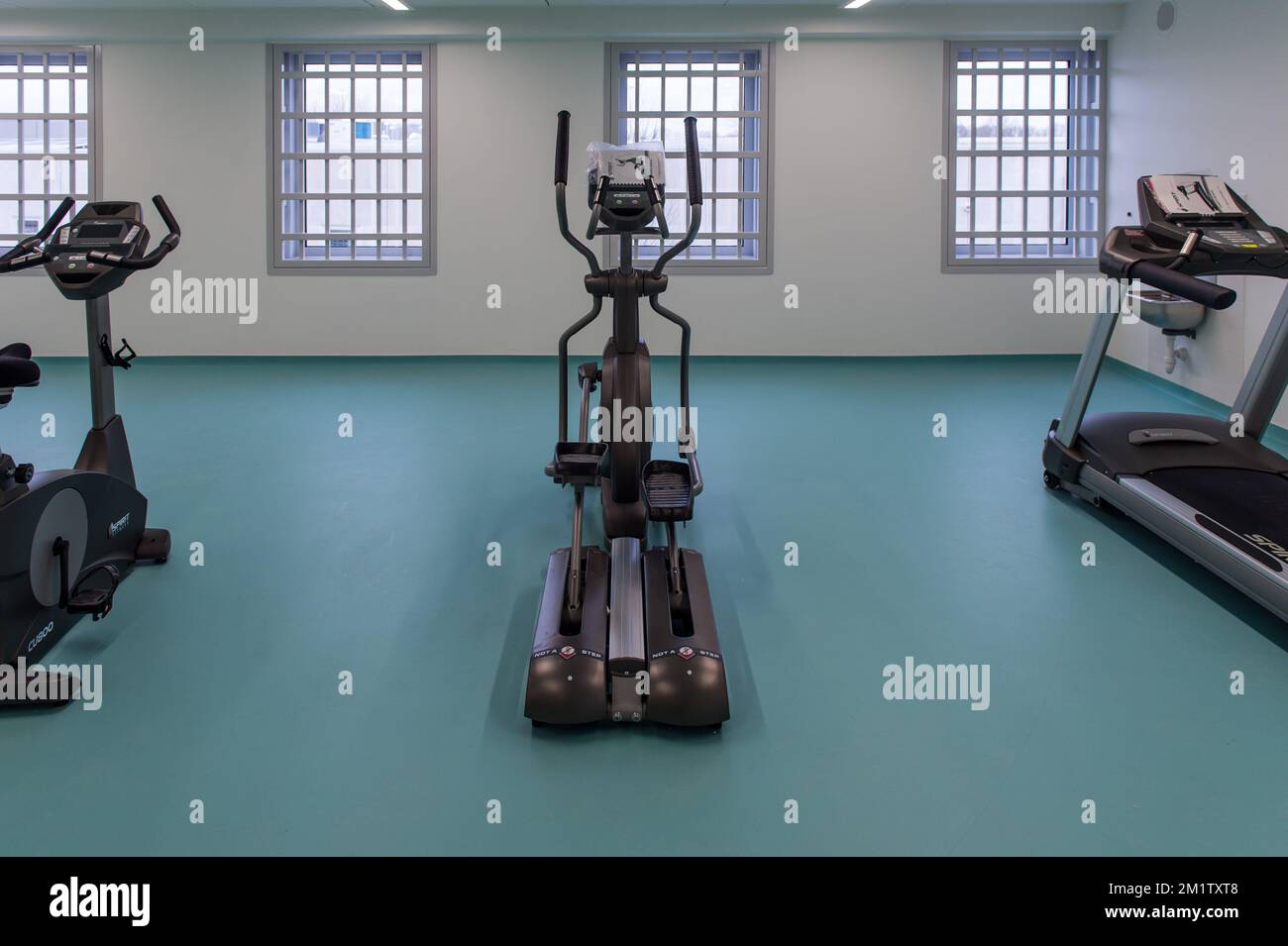 20140214 - BEVEREN-WAAS, BELGIUM: Illustration picture shows a fitness area during the official opening of the new jail in Melsele, Beveren, which is one of the four new prisons planned in Belgium to enlarge the number of cells. BELGA PHOTO JONAS ROOSENS Stock Photo