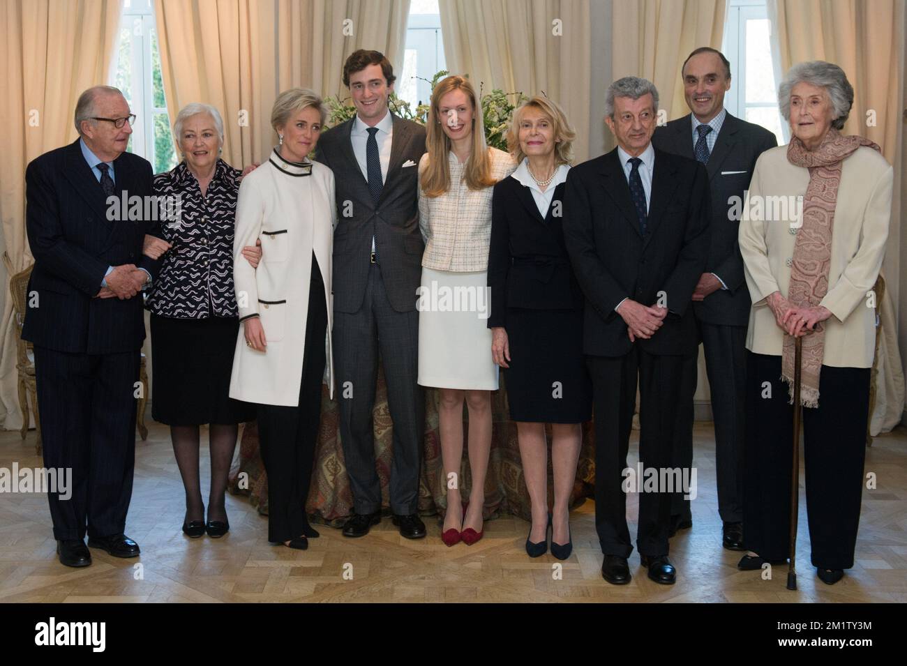 20140215 - BRUSSELS, BELGIUM: L-R, King Albert II of Belgium, Queen Paola of Belgium, Princess Astrid of Belgium, Elisabetta Rosboch von Wolkenstein her mother,, Countess Lilia de Smecchia her father,, Nobile Ettore Rosboch von Wolkenstein and Prince Lorenz of Belgium pictured on the day of the engagement of Belgian Prince Amedeo (grandson of King Albert II) with Elisabetta Rosboch von Wolkenstein, in the Schonenberg residence (the residence of Amedeo's parents), in Brussels, Saturday 15 February 2014. Prince Amedeo, 27 years old and the Italian journalist live in New-York. BELGA PHOTO FREDERI Stock Photo