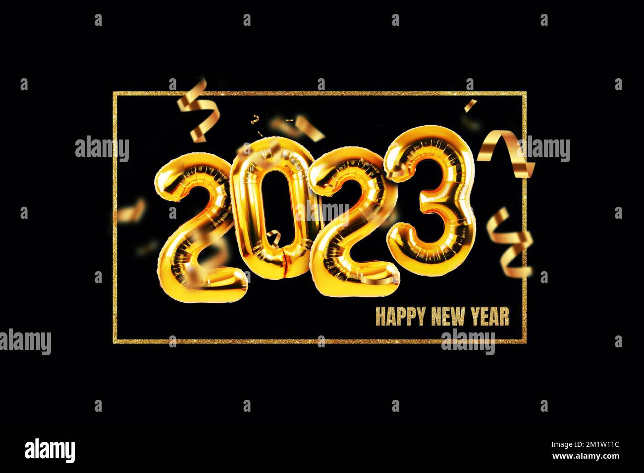 Happy new year 2023 metallic gold foil balloons with confetti on a black background. Golden helium balloons number 2023 New Year. Stock Photo