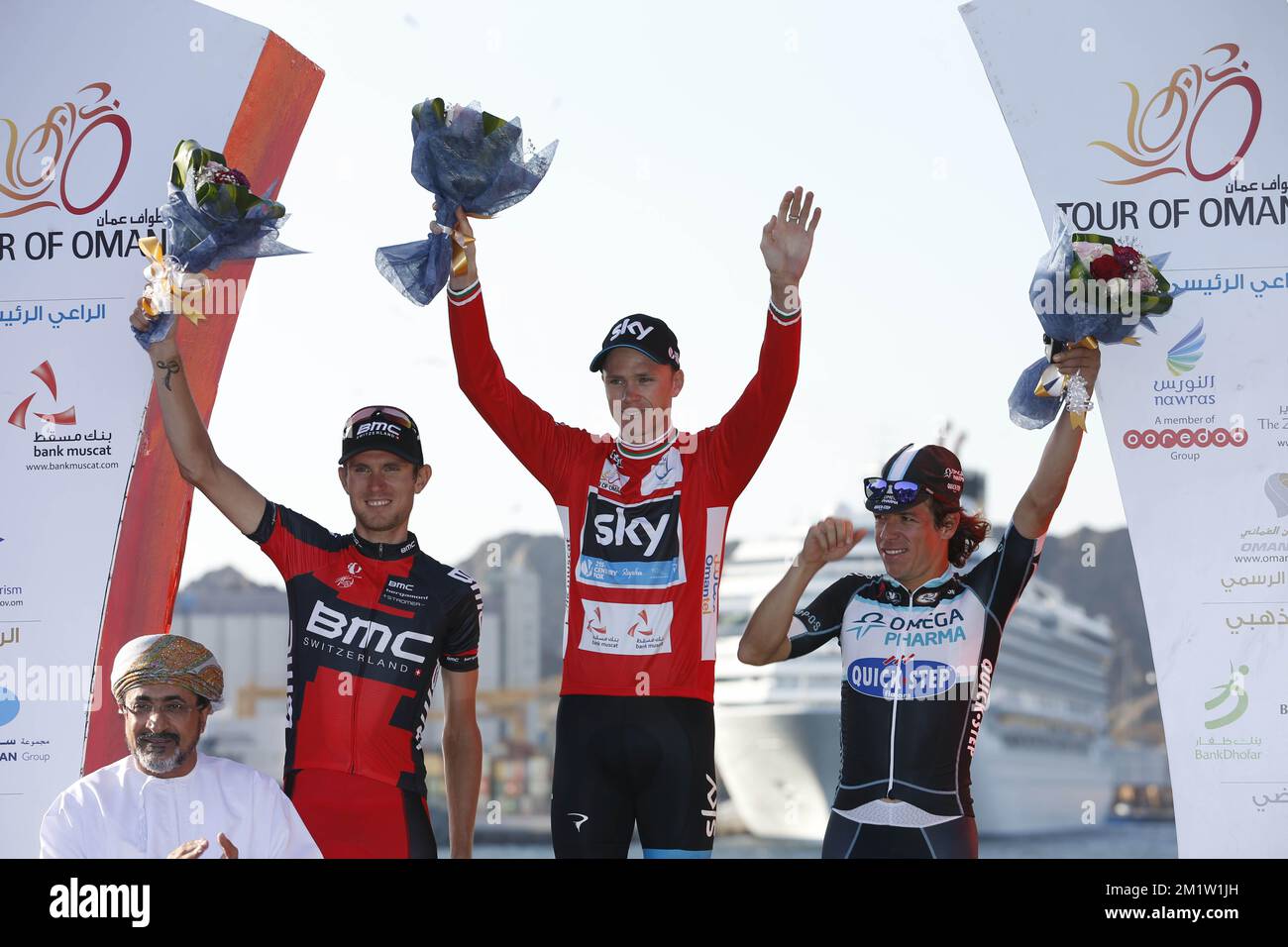 20140222 - JABAL AL AKHDAR, OMAN: American Tejay van Garderen of BMC Racing Team, British Chris Froome of Team Sky and Colombian Rigoberto Uran of team Omega Pharma - Quick Step celebrates on the podium after winning the fifth stage of the Tour of Oman 2014 cycling race, from Bidbid to Jabal Al Akhdar, Oman, Saturday 22 February 2014. The fifth edition of the Oman Tour 2014 is taking places from February 18th until February 22nd. BELGA PHOTO YUZURU SUNADA Stock Photo