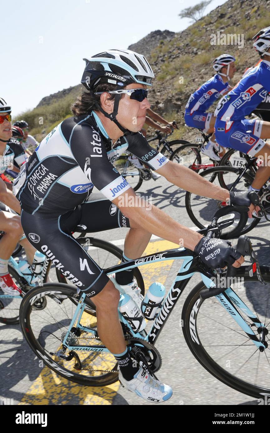 20140222 - JABAL AL AKHDAR, OMAN: Colombian Rigoberto Uran of team Omega Pharma - Quick Step pictured in action during the fifth stage of the Tour of Oman 2014 cycling race, from Bidbid to Jabal Al Akhdar, Oman, Saturday 22 February 2014. The fifth edition of the Oman Tour 2014 is taking places from February 18th until February 22nd. BELGA PHOTO YUZURU SUNADA Stock Photo