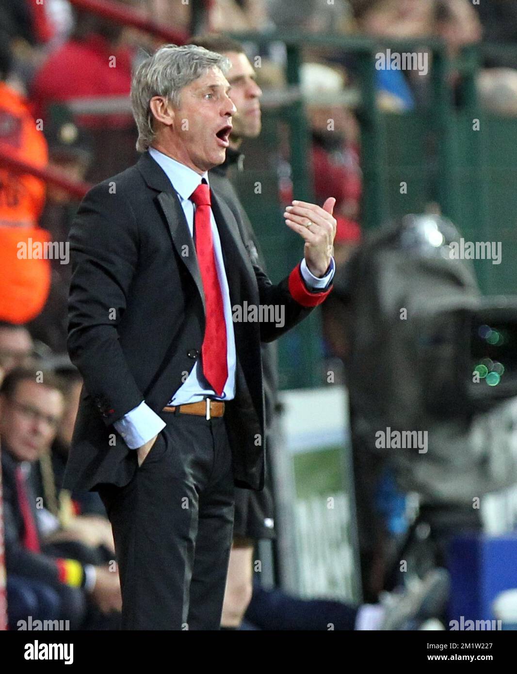 Standard's head coach Jose Riga reacts during the Jupiler Pro League match of Play-Off group 1, between Standard de Liege and KV Kortrijk, in Liege, Saturday 28 April 2012, on day 6 of the Play-Off 1 of the Belgian soccer championship. BELGA PHOTO MICHEL KRAKOWSKI Stock Photo