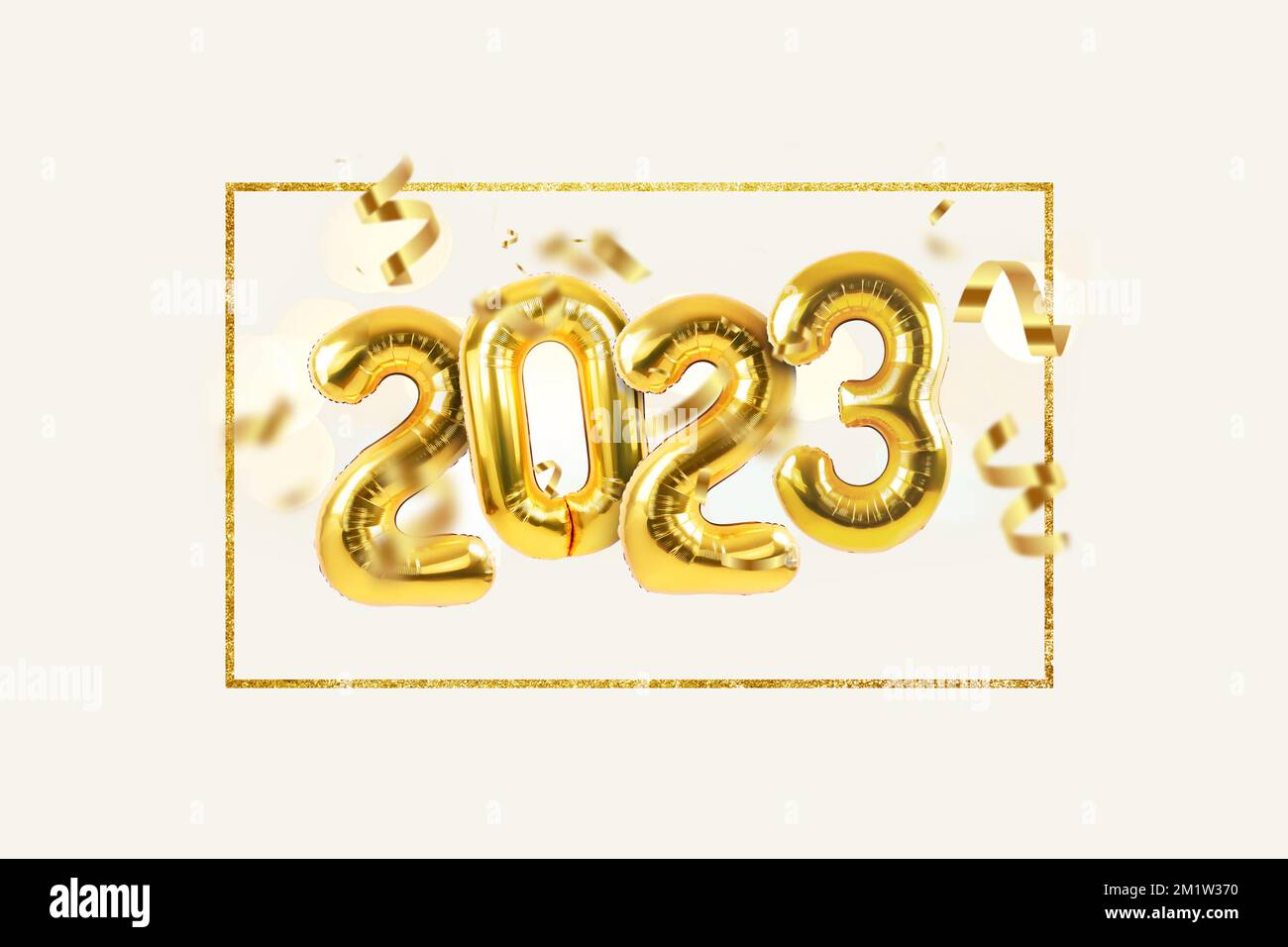 Happy new year 2023 metallic gold foil balloons with confetti and bokeh lights on a white background. Golden helium balloons number 2023 New Year. Stock Photo
