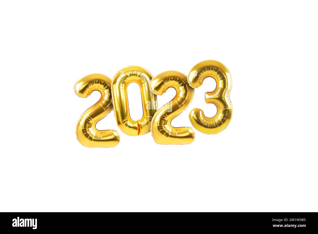 Happy new year 2023 metallic gold foil balloons on a white background. Golden helium balloons number 2023 New Year. Stock Photo