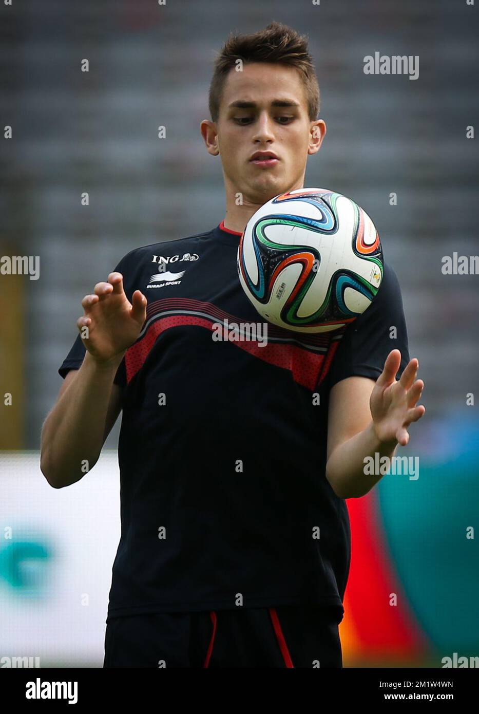 Belgium's Adnan Januzaj pictured in action during the last training session of the Belgian national soccer team Red Devils before their departure to the World Cup in Brazil, on Sunday 08 June 2014, in Brussels. The 2014 Fifa World Cup takes place from 12 June till 13 July in Brazil. BELGA PHOTO VIRGINIE LEFOUR Stock Photo