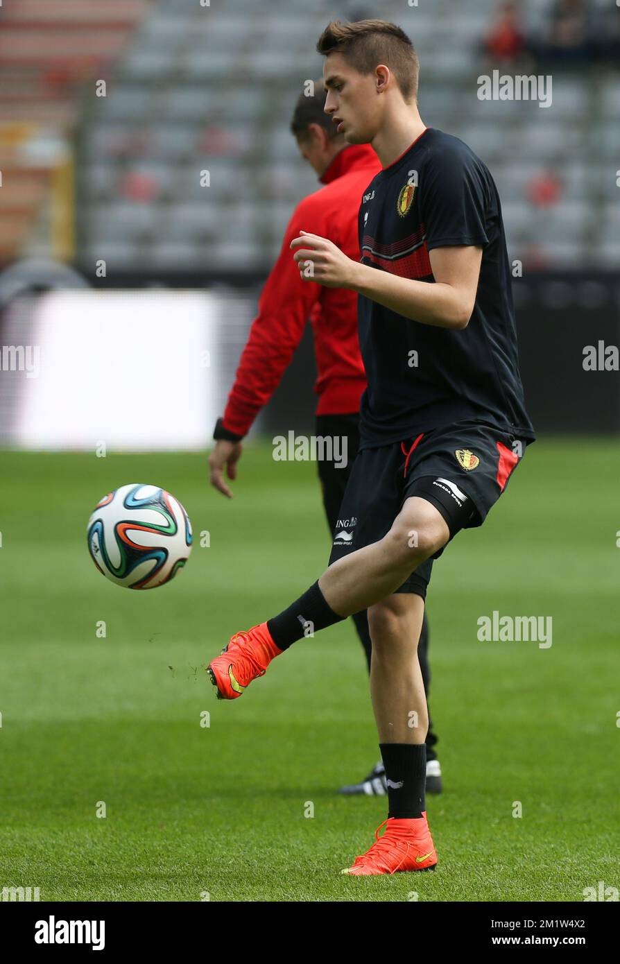 Belgium's Adnan Januzaj pictured in action during the last training session of the Belgian national soccer team Red Devils before their departure to the World Cup in Brazil, on Sunday 08 June 2014, in Brussels. The 2014 Fifa World Cup takes place from 12 June till 13 July in Brazil. BELGA PHOTO VIRGINIE LEFOUR Stock Photo