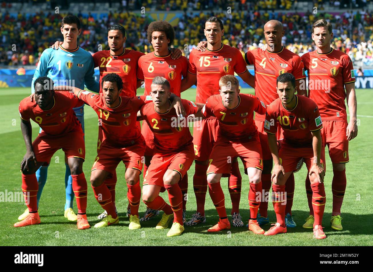 Belgian players pose for the family (team) picture ahead of a soccer game between Belgian national team The Red Devils and Algeria in Belo Horizonte, Brazil, the first game in Group H of the first round of the 2014 FIFA World Cup, Tuesday 17 June 2014.  Stock Photo