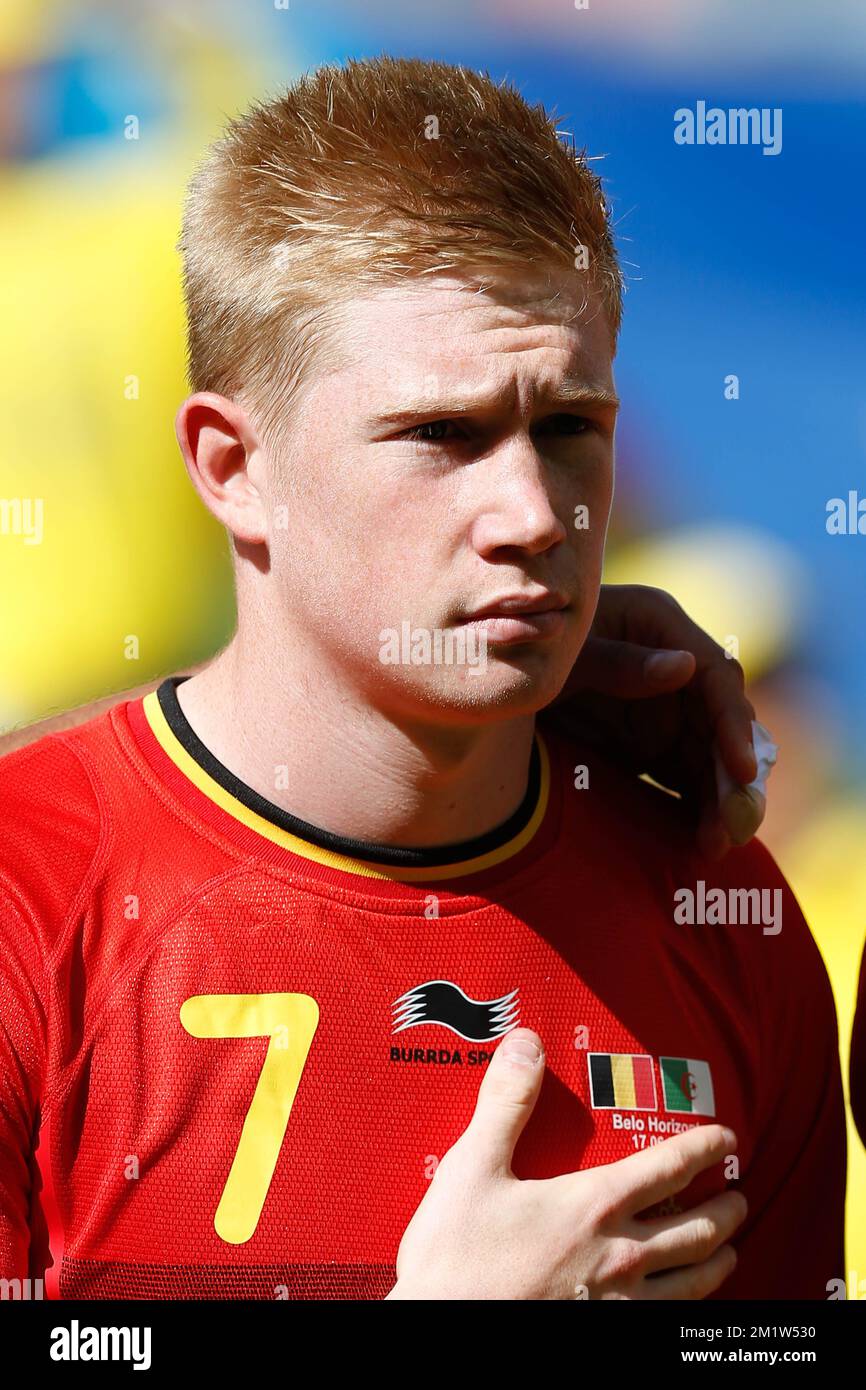 Belgium's Kevin De Bruyne pictured before a soccer game between Belgian national team The Red Devils and Algeria in Belo Horizonte, Brazil, the first game in Group H of the first round of the 2014 FIFA World Cup, Tuesday 17 June 2014. Stock Photo