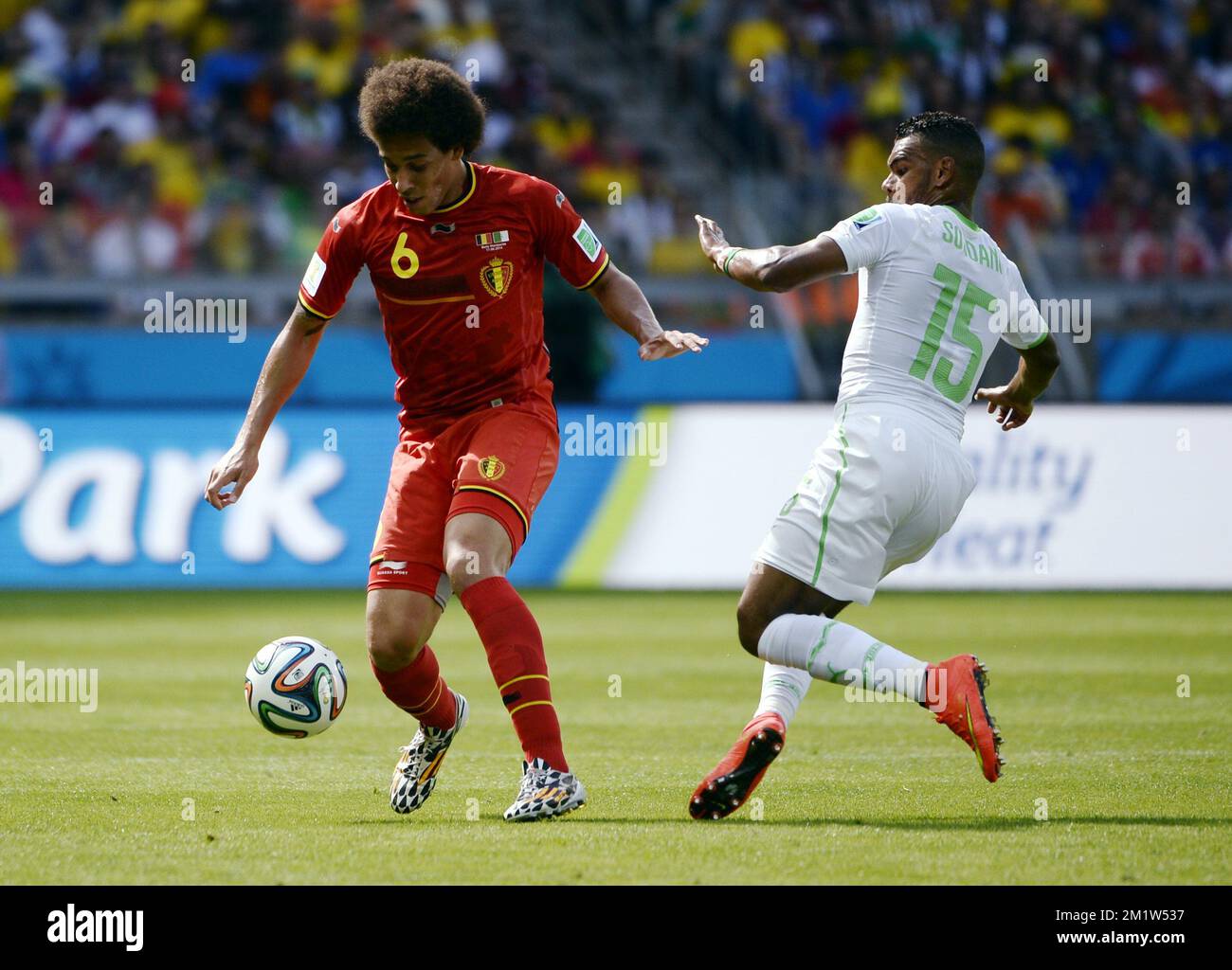 Belgium's Axel Witsel and Algeria's El Arbi Hillel Soudani fight for the ball during a soccer game between Belgian national team The Red Devils and Algeria in Belo Horizonte, Brazil, the first game in Group H of the first round of the 2014 FIFA World Cup, Tuesday 17 June 2014.  Stock Photo