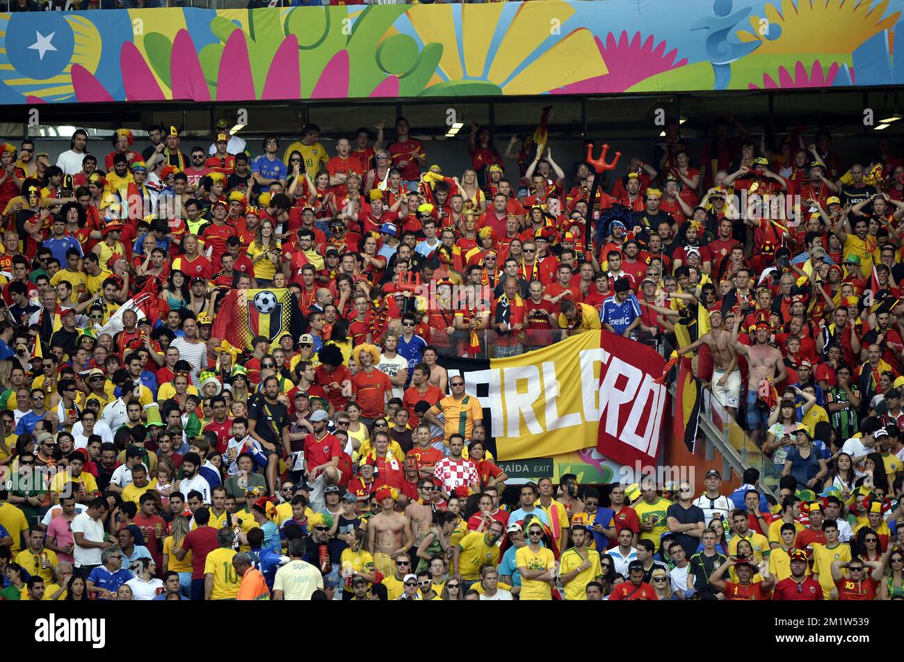 Belgium's supporters pictured at a soccer game between Belgian national team The Red Devils and Algeria in Belo Horizonte, Brazil, the first game in Group H of the first round of the 2014 FIFA World Cup, Tuesday 17 June 2014.  Stock Photo