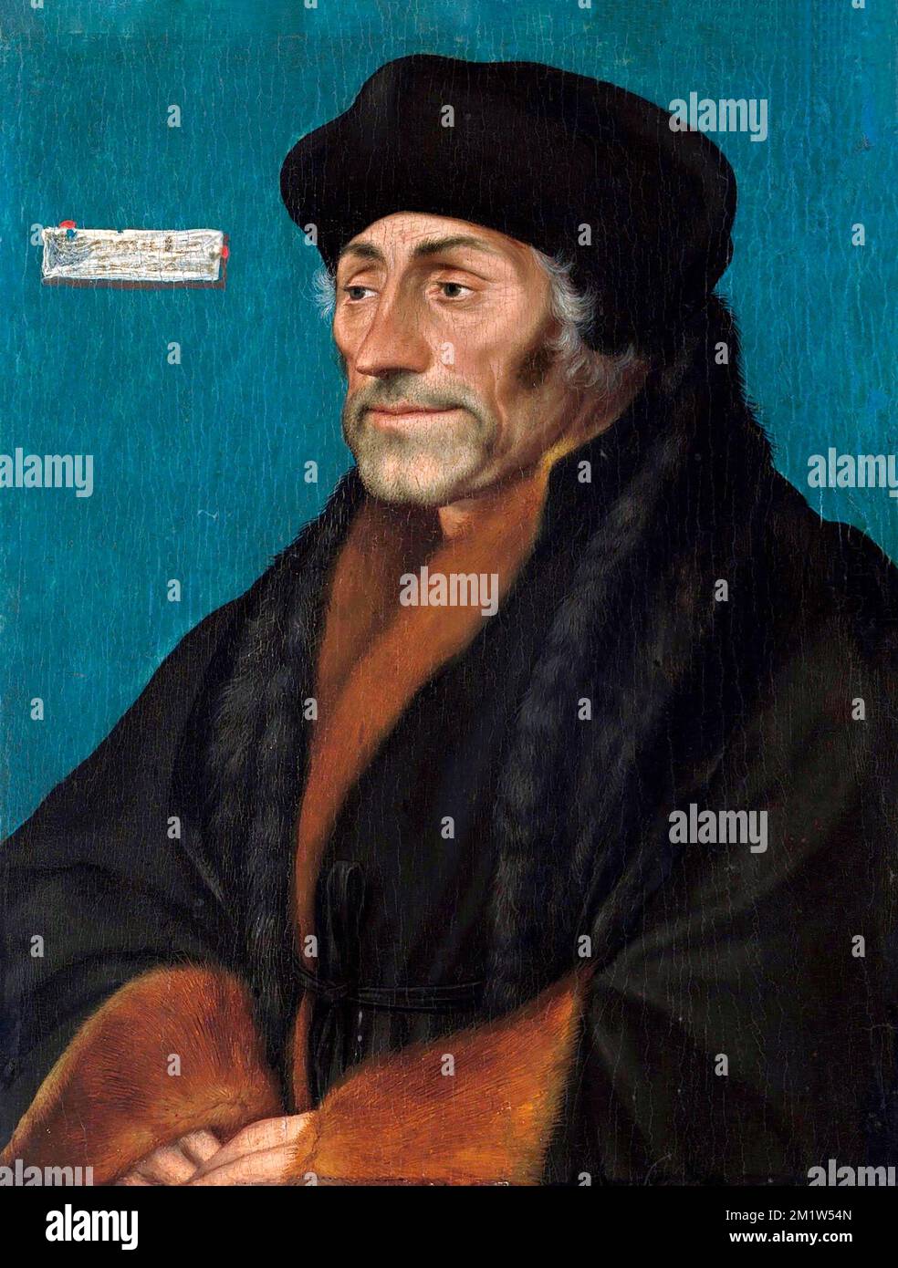 Erasmus. Portrait of Desiderius Erasmus Roterodamus (1466-1536), known as Erasmus of Rotterdam, or simply Erasmus, a Dutch Renaissance humanist, Catholic priest, social critic, teacher, and theologian. Painting by Hans Holbein the Younger (c. 1497-1543), oil on linden panel, c. 1532 Stock Photo