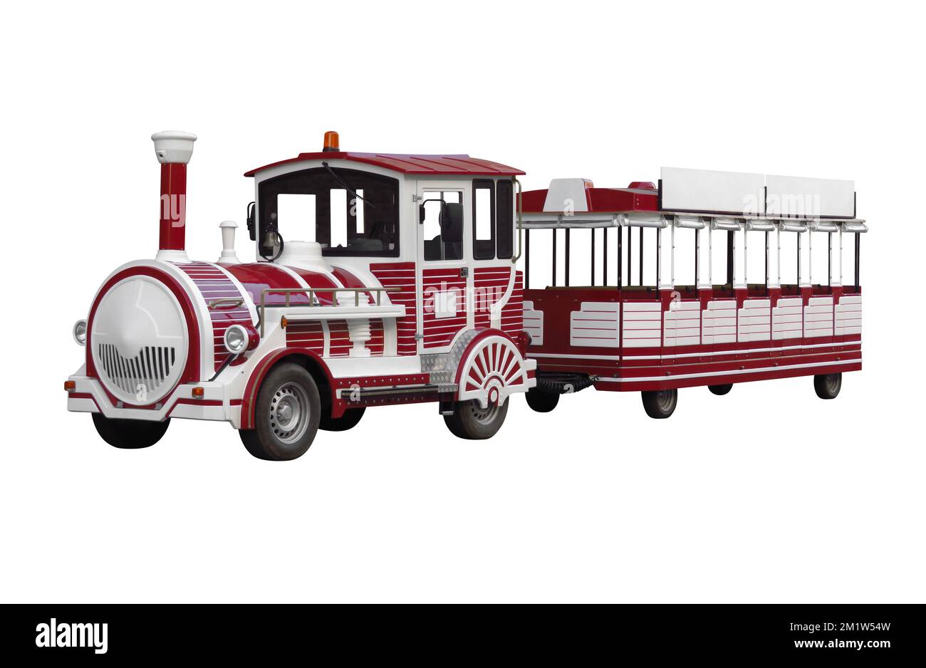 Close-up view of the trackless sightseeing tourist train in old retro style isolated on white background. Clipping Path included. Stock Photo