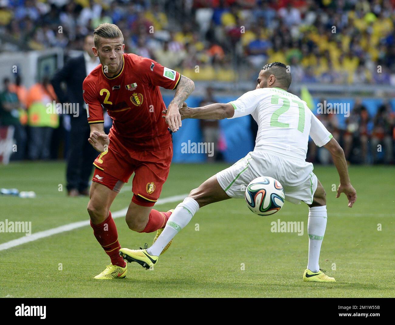 Belgium's Toby Alderweireld and Algeria's Riyad Mahrez pictured in action during a soccer game between Belgian national team The Red Devils and Algeria in Belo Horizonte, Brazil, the first game in Group H of the first round of the 2014 FIFA World Cup, Tuesday 17 June 2014.  Stock Photo