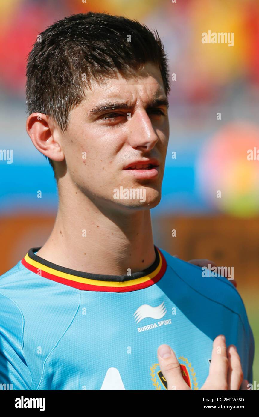 Belgium's goalkeeper Thibaut Courtois pictured before a soccer game between Belgian national team The Red Devils and Algeria in Belo Horizonte, Brazil, the first game in Group H of the first round of the 2014 FIFA World Cup, Tuesday 17 June 2014. Stock Photo