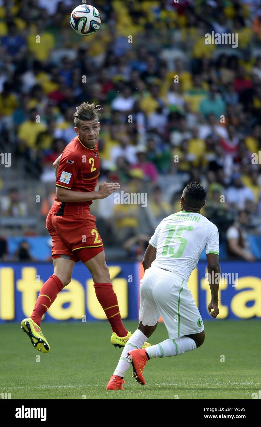 Belgium's Toby Alderweireld and Algeria's El Arbi Hillel Soudani pictured in action during a soccer game between Belgian national team The Red Devils and Algeria in Belo Horizonte, Brazil, the first game in Group H of the first round of the 2014 FIFA World Cup, Tuesday 17 June 2014.  Stock Photo