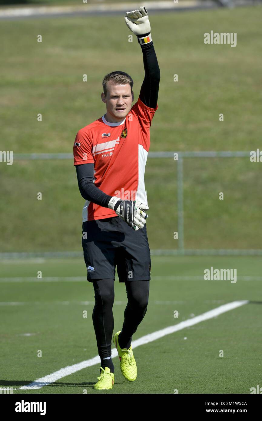 Belgium's goalkeeper Simon Mignolet pictured during a training session of Belgian national soccer team Red Devils in Mogi das Cruzes, Brazil, during the 2014 FIFA World Cup, Tuesday 24 June 2014. The Red Devils lead his group with two victories and they will play their third match in group H against Korea on Thursday 26 June. BELGA PHOTO DIRK WAEM Stock Photo