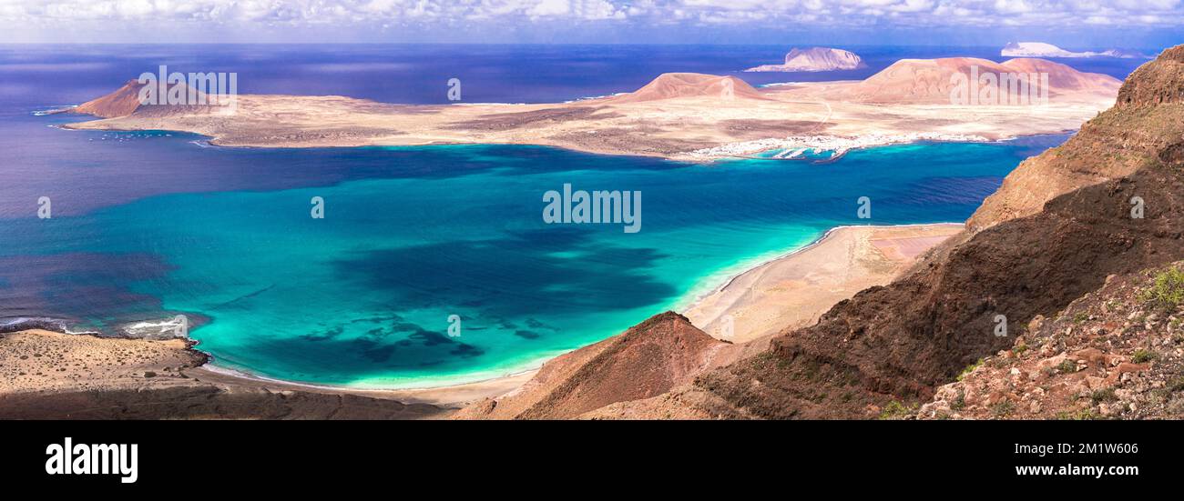 amazing nature scenery of Lanzarote island, popular spot Mirador del Rio with breathtaking view for Grasiosa island in northern part.  Canary islands Stock Photo