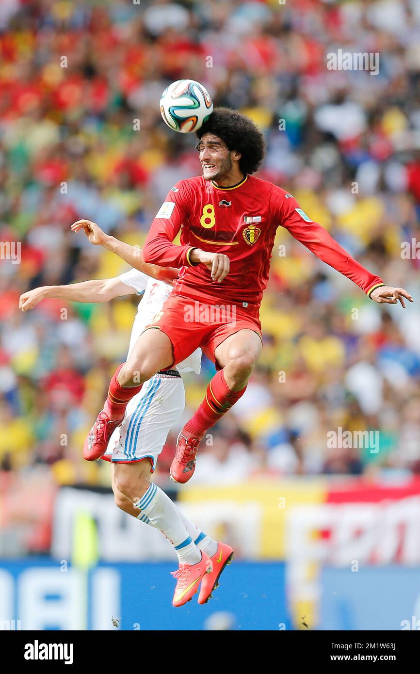 20140622 - RIO DE JANEIRO, BRAZIL: Belgium's Marouane Fellaini in action with the ball (head) in the air at a soccer game between Belgian national team The Red Devils and Russia in Rio de Janeiro, Brazil, the second game in Group H of the first round of the 2014 FIFA World Cup, Sunday 22 June 2014. BELGA PHOTO BRUNO FAHY Stock Photo