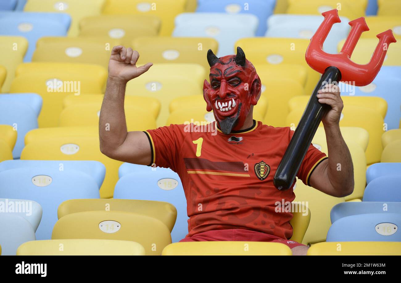 20140622 - RIO DE JANEIRO, BRAZIL: Belgian fan dressed as a devil pictured ahead of a soccer game between Belgian national team The Red Devils and Russia in Rio de Janeiro, Brazil, the second game in Group H of the first round of the 2014 FIFA World Cup, Sunday 22 June 2014. BELGA PHOTO DIRK WAEM Stock Photo