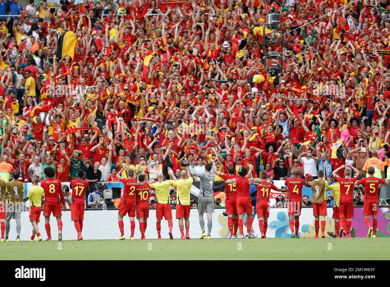 20140622 - RIO DE JANEIRO, BRAZIL: Belgium's players celebrate with supporters after winning 1-0 a soccer game between Belgian national team The Red Devils and Russia in Rio de Janeiro, Brazil, the second game in Group H of the first round of the 2014 FIFA World Cup, Sunday 22 June 2014.   BELGA PHOTO DIRK WAEM Stock Photo